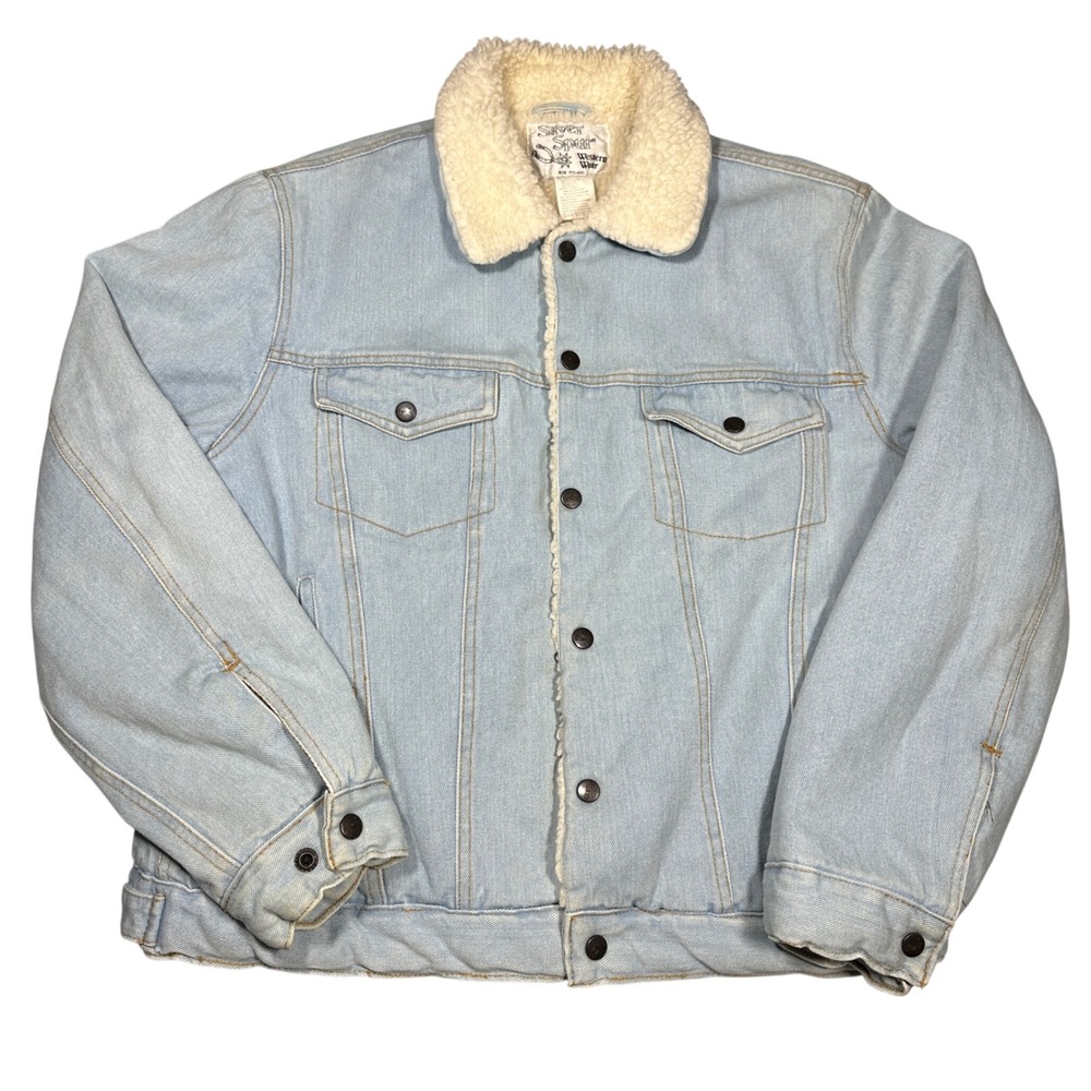 Vintage 70s Silver Spur Western Wear Denim Sherpa Lined Trucker Jacket Mens L